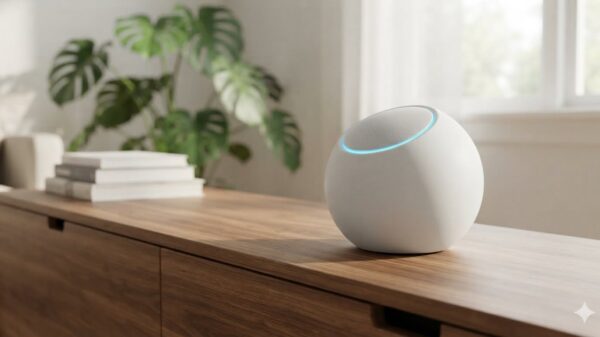 A white minimalist spherical ChatGPT smart speaker sitting on a wooden cabinet in a bright, modern living room.