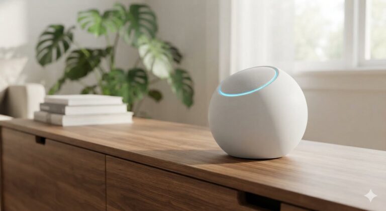 A white minimalist spherical ChatGPT smart speaker sitting on a wooden cabinet in a bright, modern living room.