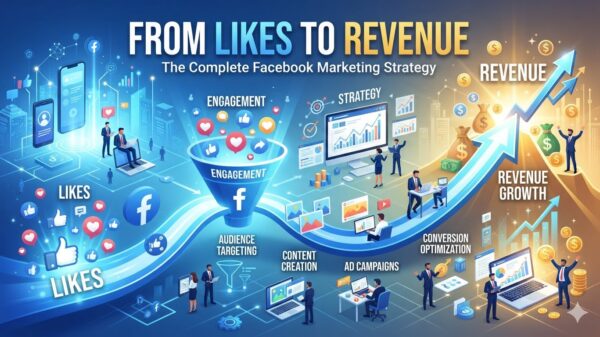 Infographic illustrating a complete Facebook marketing strategy showing the conversion funnel from social media likes and engagement to revenue growth.