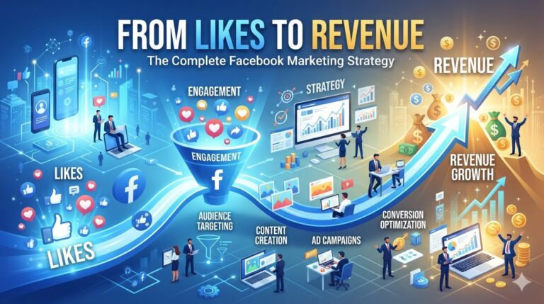 Infographic illustrating a complete Facebook marketing strategy showing the conversion funnel from social media likes and engagement to revenue growth.